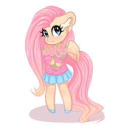 Size: 1000x1000 | Tagged: safe, artist:valeria_fills, fluttershy, pegasus, pony, g4, bipedal, clothes, digital art, female, looking at you, mare, simple background, skirt, solo, white background, wings