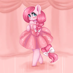 Size: 1000x1000 | Tagged: safe, artist:valeria_fills, pinkie pie, earth pony, semi-anthro, g4, arm hooves, blushing, clothes, commission, digital art, dress, female, looking at you, mare, pinkamena diane pie, solo, tail, ych result