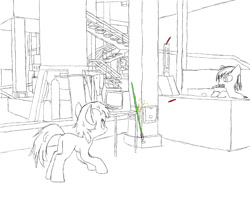 Size: 1280x1024 | Tagged: safe, pony, factory, lightsaber, lineart, star wars, weapon