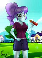 Size: 2385x3307 | Tagged: safe, artist:danielitamlp, crystal lullaby, equestria girls, g4, breasts, clothes, female, fence, high res, house, looking at you, shirt, shorts, signature, soccer field, solo, tree, water bottle