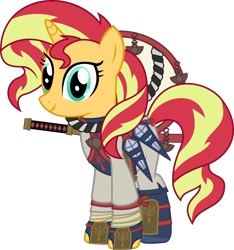 Size: 3012x3220 | Tagged: safe, artist:sketchmcreations, sunset shimmer, pony, unicorn, g4, bandages on wrist, clothes, cosplay, costume, female, hat, high res, hyrule warriors, hyrule warriors: age of calamity, impa, katana, kunai, mare, ninja, sheikah, shin guards, simple background, solo, sword, the legend of zelda, the legend of zelda: breath of the wild, transparent background, vector, weapon