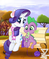 Size: 2880x3472 | Tagged: safe, artist:theretroart88, rarity, spike, dragon, pony, unicorn, g4, bench, blushing, clothes, cute, female, high res, knitting, knitting needles, male, raribetes, scarf, ship:sparity, sitting, spikabetes, straight, striped scarf, tree, winged spike, wings, yarn, yarn ball