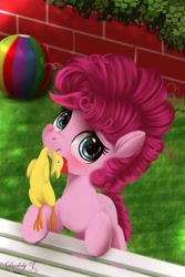 Size: 3000x4500 | Tagged: safe, artist:darksly, boneless, pinkie pie, earth pony, pony, g4, cute, daaaaaaaaaaaw, diapinkes, female, filly, filly pinkie pie, high res, looking at you, mouth hold, rubber chicken, solo, younger
