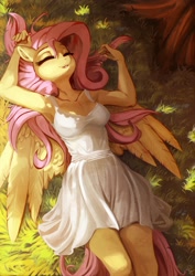 Size: 1980x2800 | Tagged: safe, artist:fidzfox, fluttershy, pegasus, anthro, adorasexy, armpits, beautiful, beautisexy, breasts, busty fluttershy, cleavage, clothes, cute, digital art, dress, eyelashes, eyes closed, female, grass, lying down, mare, on back, open mouth, sexy, shyabetes, smiling, solo, sundress, sweet dreams fuel