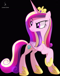Size: 3417x4309 | Tagged: safe, artist:zidanemina, princess cadance, alicorn, pony, g4, black background, cutie mark, female, high res, looking back, mare, raised hoof, simple background, smiling, solo
