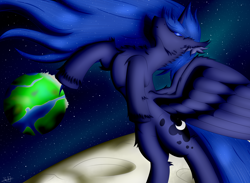 Size: 3392x2481 | Tagged: safe, artist:thebenalpha, princess luna, alicorn, pony, g4, equestria, feels, high res, moon, solo, space, space background, wings