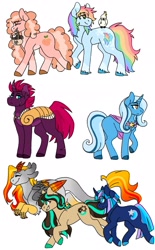 Size: 1280x2071 | Tagged: safe, artist:rainbowquasar, fizzlepop berrytwist, tempest shadow, trixie, oc, oc:cosmic wave, oc:enigma, oc:peachy keen, oc:thunder frost, oc:victoria gears, bird, draconequus, g4, alternate universe, armor, basket, colored hooves, draconequus oc, female, glasses, lesbian, missing cutie mark, mouth hold, offspring, parent:cheese sandwich, parent:discord, parent:pinkie pie, parent:rainbow dash, parent:shining armor, parent:svengallop, parent:twilight sparkle, parents:cheesedash, parents:shining sparkle, parents:svenpie, product of incest, ship:tempestrix, shipping, simple background, unshorn fetlocks, white background