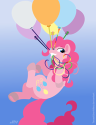 Size: 720x937 | Tagged: safe, artist:texasuberalles, pinkie pie, earth pony, pony, g4, balloon, female, floating, flying, gradient background, lineless, mare, mouth hold, smiling, solo, then watch her balloons lift her up to the sky, underhoof