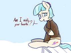 Size: 1706x1271 | Tagged: safe, artist:pinkberry, coco pommel, earth pony, pony, g4, bench, clothes, cold, crying, female, jacket, looking at you, mare, outdoors, snow, snowfall, solo, speech, talking, talking to viewer, tears of joy, text, wavy mouth