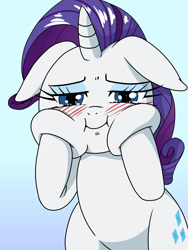 Size: 1668x2224 | Tagged: safe, artist:batipin, rarity, pony, unicorn, g4, bipedal, blushing, cheek squish, female, floppy ears, gradient background, looking at you, mare, rarity is a marshmallow, simple background, solo, squishy cheeks