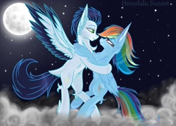 Size: 1510x1080 | Tagged: safe, artist:honolulusunset, rainbow dash, soarin', g4, chest fluff, cloud, embrace, female, flying, leg fluff, male, moon, night, old cutie mark, ship:soarindash, shipping, sky, stars, straight, tail feathers, two toned wings, wings