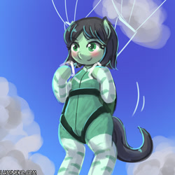 Size: 750x750 | Tagged: safe, artist:lumineko, oc, oc only, oc:sadie michaels, earth pony, pony, clothes, cloud, commission, female, jumpsuit, parachute, ponified oc, sky, skydiving, solo