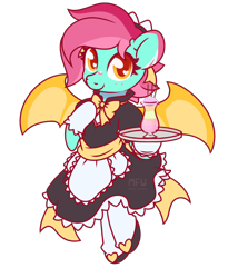 Size: 2208x2480 | Tagged: safe, artist:wavecipher, oc, oc only, oc:starwind, bat pony, pony, bat pony oc, bat wings, clothes, dress, heart, heart eyes, high res, maid, simple background, solo, transparent background, wingding eyes, wings