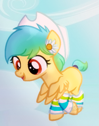 Size: 483x615 | Tagged: safe, artist:thatonefluffs, oc, oc only, oc:synchronize, pegasus, pony, g4, daisy (flower), female, filly, flower, flower in hair, hat, shading, solo