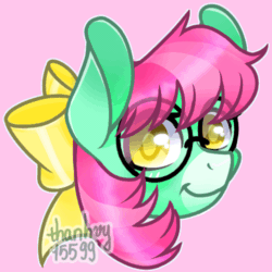 Size: 500x500 | Tagged: safe, artist:helithusvy, oc, oc:sweet mint, donkey, pony, animated, blinking, bow, commission, female, gif, glasses, icon, pink background, pink hair, simple background, solo, yellow eyes