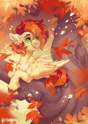 Size: 1060x1500 | Tagged: safe, artist:kez, oc, oc only, pegasus, pony, autumn, leaves, solo, tree