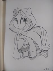 Size: 1280x1707 | Tagged: safe, artist:taurson, starlight glimmer, pony, unicorn, g4, basket, clothes, hood, little red riding hood, monochrome, solo, traditional art
