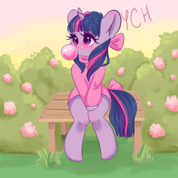 Size: 800x800 | Tagged: safe, artist:valeria_fills, twilight sparkle, pony, unicorn, g4, bow, bubblegum, clothes, commission, cute, female, food, gum, mare, shirt, sitting, solo, tail bow, twiabetes, unicorn twilight, ych example, your character here
