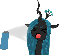 Size: 3119x2874 | Tagged: safe, artist:anime-equestria, derpibooru exclusive, edit, queen chrysalis, changeling, changeling queen, g4, ><, abuse, adorable distress, anime, assassination, bug spray, bugs doing bug things, chrysabuse, cute, eyes closed, female, high res, horn, open mouth, scene interpretation, simple background, solo, spray, spray can, transparent background, vector, wavy mouth, zombieland saga