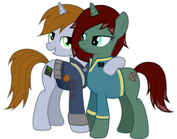 Size: 2768x2167 | Tagged: safe, artist:jennieoo, oc, oc only, oc:littlepip, oc:snipey, pony, unicorn, fallout equestria, g4, group, happy, high res, hug, show accurate, simple background, smiling, transparent background