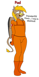 Size: 1531x3010 | Tagged: safe, artist:moonatik, oc, oc only, oc:pad, griffon, anthro, plantigrade anthro, among us, beak, belt, blatant lies, boots, canadian flag, clothes, commission, gloves, griffon oc, impostor (among us), knife, male, shoes, simple background, solo, spacesuit, suspicious, tail, transparent background, wings