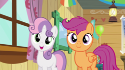 Size: 1280x720 | Tagged: safe, screencap, scootaloo, sweetie belle, pegasus, pony, unicorn, bloom & gloom, g4, my little pony: friendship is magic, clubhouse, crusaders clubhouse, female, filly