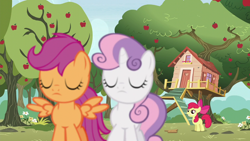 Size: 1280x720 | Tagged: safe, screencap, apple bloom, scootaloo, sweetie belle, earth pony, pegasus, pony, unicorn, bloom & gloom, g4, season 5, apple, apple tree, bow, clubhouse, crusaders clubhouse, eyes closed, female, filly, hair bow, horn, sad, spread wings, sweet apple acres, tree, wings
