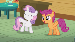 Size: 1280x720 | Tagged: safe, screencap, scootaloo, sweetie belle, pegasus, pony, unicorn, bloom and gloom, g4, clubhouse, crusaders clubhouse, female, filly