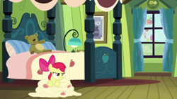 Size: 1280x720 | Tagged: safe, screencap, apple bloom, pinkie pie, earth pony, pony, bloom and gloom, g4, animal costume, chicken pie, chicken suit, clothes, costume, female, filly, mare