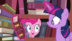 Size: 1280x720 | Tagged: safe, screencap, pinkie pie, twilight sparkle, alicorn, earth pony, pony, g4, pinkie apple pie, book, bookshelf, female, magic, mare, telekinesis, twilight sparkle (alicorn)