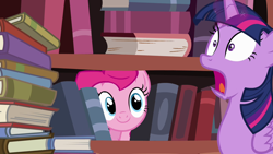 Size: 1280x720 | Tagged: safe, screencap, pinkie pie, twilight sparkle, alicorn, earth pony, pony, g4, pinkie apple pie, book, bookshelf, screaming, twilight sparkle (alicorn)