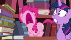 Size: 1280x720 | Tagged: safe, screencap, pinkie pie, twilight sparkle, alicorn, earth pony, pony, g4, pinkie apple pie, aaugh!, book, bookshelf, female, gritted teeth, mare, mawshot, open mouth, screaming, twilight sparkle (alicorn), uvula, volumetric mouth