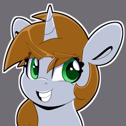 Size: 2048x2048 | Tagged: safe, artist:partypievt, oc, oc only, oc:littlepip, pony, unicorn, fallout equestria, bust, eye clipping through hair, eyebrows, eyebrows visible through hair, eyes open, gray background, green eyes, grin, high res, horn, looking away, simple background, smiling, solo, sticker, unicorn oc