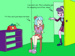 Size: 1878x1408 | Tagged: safe, artist:bugssonicx, coco pommel, suri polomare, human, equestria girls, g4, bomb, bondage, clothes, cocobuse, crying, crystal prep academy uniform, damsel in distress, dynamite, explosives, female, go to sleep suri polomare, leaving, peril, school uniform, shoes, skirt, tied to chair, tied up, tnt, victorious villain, weapon