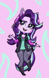 Size: 1239x1945 | Tagged: safe, artist:ameliacostanza, starlight glimmer, equestria girls, equestria girls specials, g4, mirror magic, beanie, boots, clothes, cute, female, glimmerbetes, hat, open mouth, pants, ponied up, shirt, shoes, solo, torn clothes, vest, watch, wristwatch