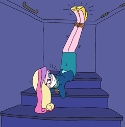 Size: 1549x1579 | Tagged: safe, artist:bugssonicx, dean cadance, princess cadance, human, equestria girls, g4, ankle tied, arm behind back, basement, bondage, bound and gagged, bound wrists, cloth gag, clothes, damsel in distress, eyeshadow, feet tied, female, gag, kicking, makeup, one eye closed, secret room, shoes, stairs, tied hands, tied up