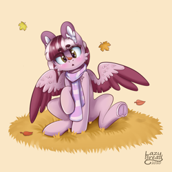 Size: 4000x4000 | Tagged: safe, artist:lazybread, part of a set, oc, oc only, oc:dusty ember, pegasus, pony, absurd resolution, autumn, clothes, colored wings, commission, cute, frog (hoof), leaves, scarf, sitting, solo, striped scarf, underhoof, wings, ych result