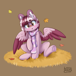 Size: 4000x4000 | Tagged: safe, alternate version, artist:lazybread, part of a set, oc, oc only, oc:dusty ember, pegasus, pony, absurd resolution, autumn, clothes, colored wings, commission, cute, frog (hoof), leaves, scarf, signature, sitting, solo, striped scarf, underhoof, wings, ych result