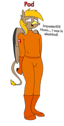 Size: 1531x3010 | Tagged: safe, alternate version, artist:moonatik edits, artist:str1ker878, edit, oc, oc only, oc:pad, griffon, anthro, among us, beak, belt, blatant lies, boots, canadian flag, clothes, commission, gloves, griffon oc, impostor, knife, male, shoes, simple background, solo, spacesuit, suspicious, tail, transparent background, wings