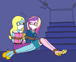Size: 1719x1411 | Tagged: safe, artist:bugssonicx, dean cadance, princess cadance, oc, oc:shine, human, equestria girls, g4, ankle tied, arm behind back, basement, bondage, bound and gagged, cloth gag, clothes, female, gag, help us, looking at each other, over the nose gag, secret room, shoes, struggling, tied up