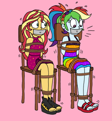 Size: 1641x1772 | Tagged: safe, artist:bugssonicx, rainbow dash, sunset shimmer, human, equestria girls, g4, arm behind back, bondage, bound and gagged, breast bondage, breasts, chair, clothes, cruise concert outfit, dashsub, dress, duo, duo female, feet, feet tied, female, femsub, gag, help us, kidnapped, legs, legs tied, moaning, muffled moaning, open-toed shoes, party dress, rainbond dash, rope, rope bondage, sandals, scared, struggling, submissive, subset, tape, tape gag, tied to chair, tied up, toes