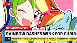 Size: 1280x720 | Tagged: safe, artist:ryuu, color edit, edit, editor:michaelsety, rainbow dash, human, pegasus, pony, equestria girls, g4, anime, blushing, break your own news, breaking news, clothes, colored, cute, dashabetes, female, human coloration, human ponidox, jacket, light skin, light skin edit, looking at you, mare, one eye closed, open mouth, self ponidox, simple background, skin color edit, wink, wristband