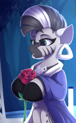 Size: 1250x2000 | Tagged: safe, artist:shadowreindeer, zecora, zebra, semi-anthro, g4, amanda (detroit: become human), arm hooves, clothes, cute, detroit: become human, ear piercing, earring, flower, hoof hold, jewelry, missing accessory, piercing, quadrupedal, rose, sitting, solo, zecorable