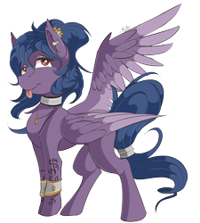 Size: 1348x1500 | Tagged: source needed, safe, artist:beardie, oc, oc only, oc:bangtail, pegasus, pony, :p, bracelet, choker, ear piercing, earring, female, jewelry, lidded eyes, looking up, mane jewelry, mare, necklace, piercing, simple background, solo, tattoo, tongue out, transparent background