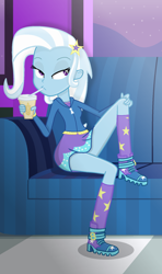 Size: 1100x1853 | Tagged: safe, artist:grapefruitface1, trixie, equestria girls, g4, base used, bedroom eyes, clothes, drinking, drinking straw, fixed, legs, looking sideways, night, schrödinger's pantsu, shoes, show accurate, sitting, sitting pretty, solo, thighs, updated, window