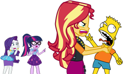 Size: 4313x2607 | Tagged: safe, artist:urhangrzerg, rarity, sci-twi, sunset shimmer, twilight sparkle, equestria girls, g4, abuse, bart simpson, crossover, horrified, male, rageset shimmer, rarity peplum dress, story in the comments, strangling, that pony sure have anger issues, the simpsons, why you little