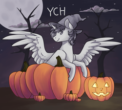 Size: 3000x2700 | Tagged: safe, artist:flaming-trash-can, pony, cloud, commission, halloween, hat, high res, holiday, jack-o-lantern, night, pumpkin, solo, tree, witch hat, ych example, your character here