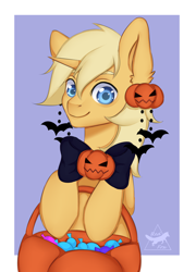 Size: 2514x3500 | Tagged: safe, artist:asyaredfox, oc, oc only, oc:sunlight bolt, pony, unicorn, commission, halloween, high res, holiday, looking at you, pumpkin, simple background, ych result
