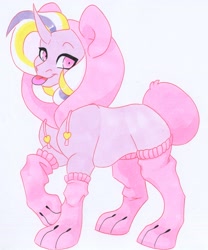 Size: 2537x3056 | Tagged: safe, artist:frozensoulpony, oc, oc:cystole, pony, unicorn, clothes, costume, high res, hoodie, kigurumi, male, paw gloves, solo, stallion, tongue out, traditional art