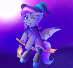 Size: 3128x2914 | Tagged: safe, artist:legionsunite, oc, oc only, bat pony, pony, bat pony oc, bat wings, broom, clothes, costume, cute, female, flying, flying broomstick, halloween, hat, high res, holiday, lantern, mare, moon, night, nightmare night, one eye closed, panties, socks, solo, tongue out, underwear, wings, wink, witch, witch hat